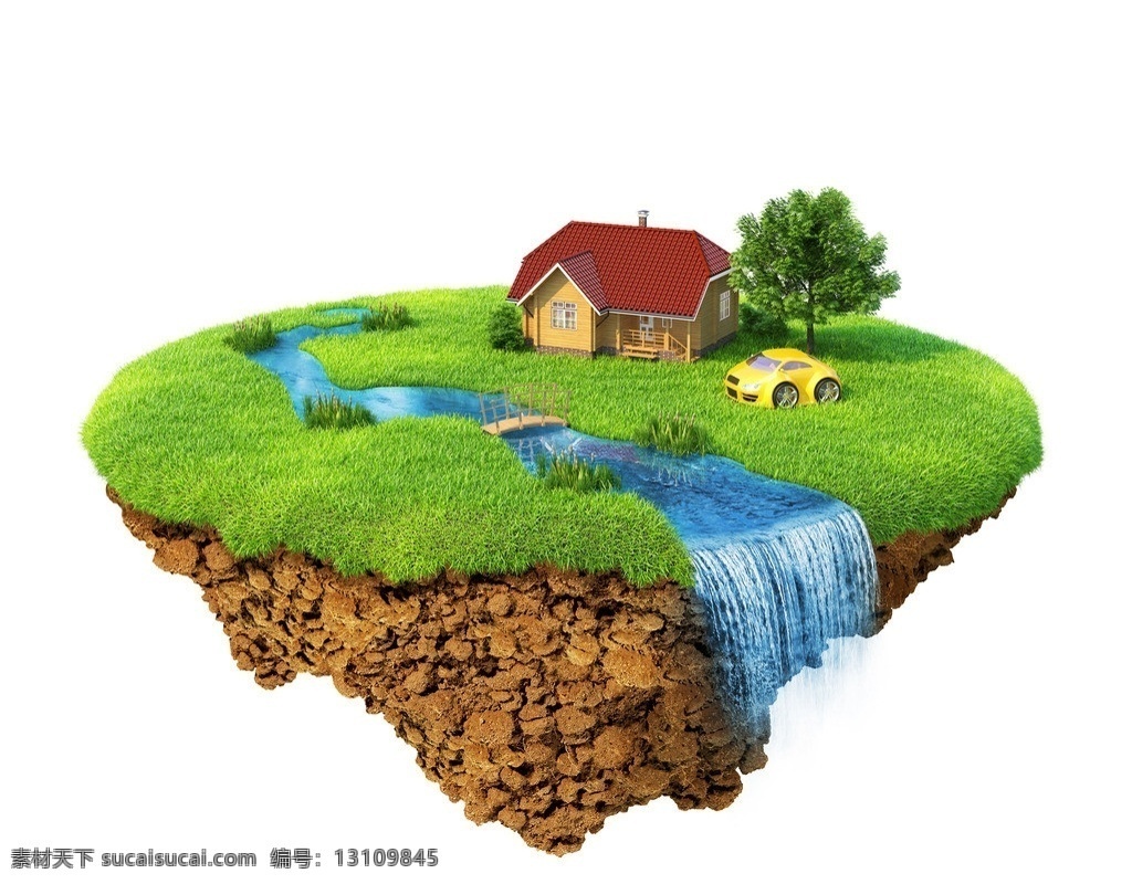 绿色家园 绿色 家园 小汽车 小桥 流水 河流 瀑布 环保 生态 土壤 地表 绿草 草地 低碳 节能 背景 环保素材