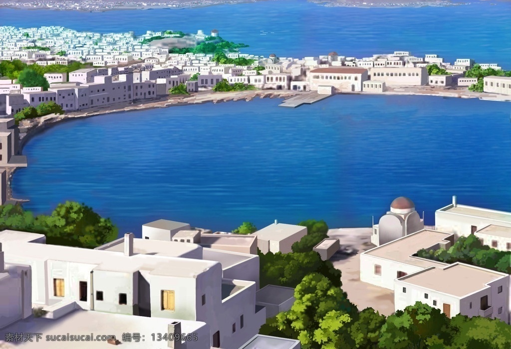 爱琴海岸边 别墅海岸 依山伴水 建筑 房子 船 天空 湖朋 建筑设计 环境设计 传统文化 文化艺术
