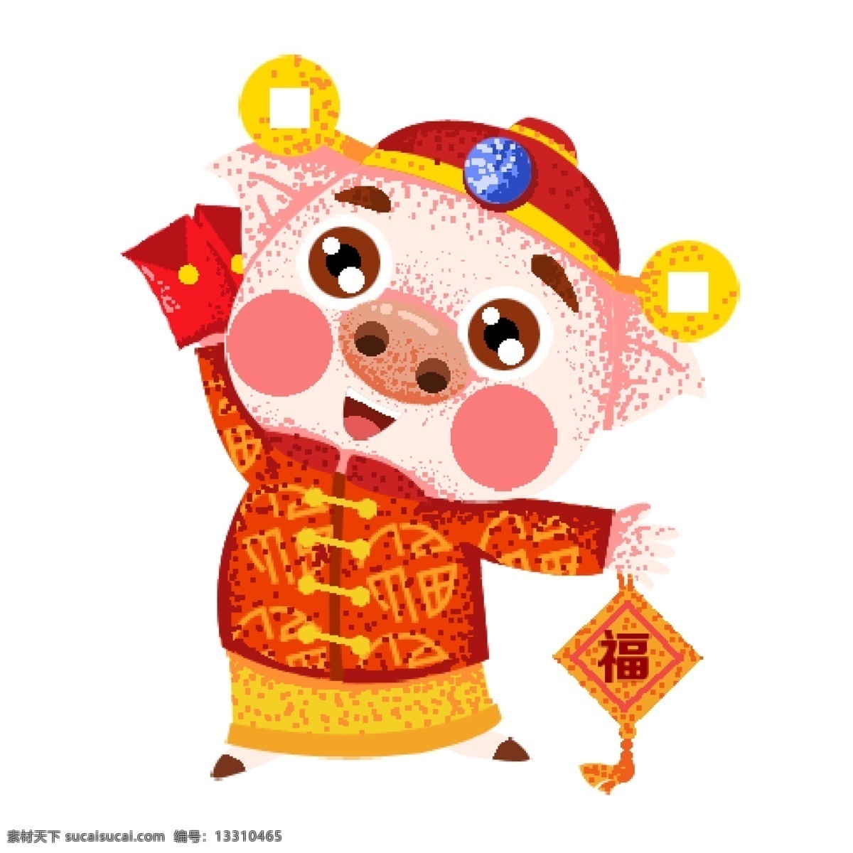 复古 像素 化 开心 新年 猪 卡通 插画 喜庆 春节 红包 像素化 高兴 过年 猪年 2019年 小猪形象 猪年形象 财神 大年初二 小猪 福字