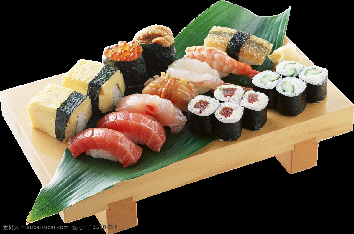 精致 寿司 日式 料理 美食 产品 实物 产品实物 绿色叶子 木制盘子 日本美食 日本文化
