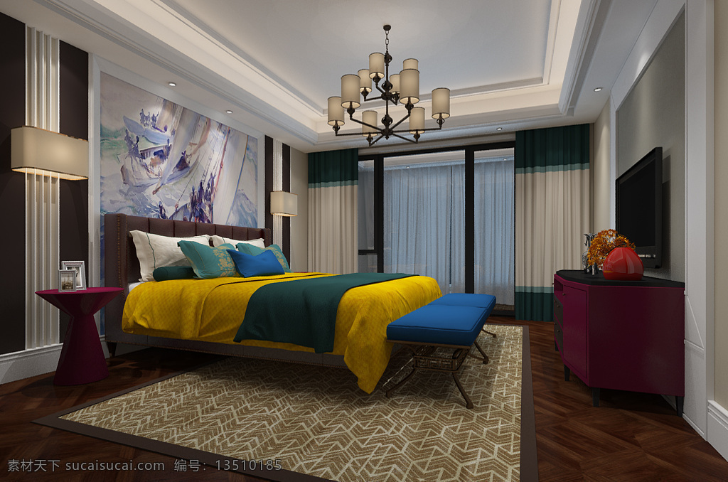 新 中式 卧室 家装 效果图 床 模型 灯 家装效果图 新中式效果图 新中式家装 新中式装修