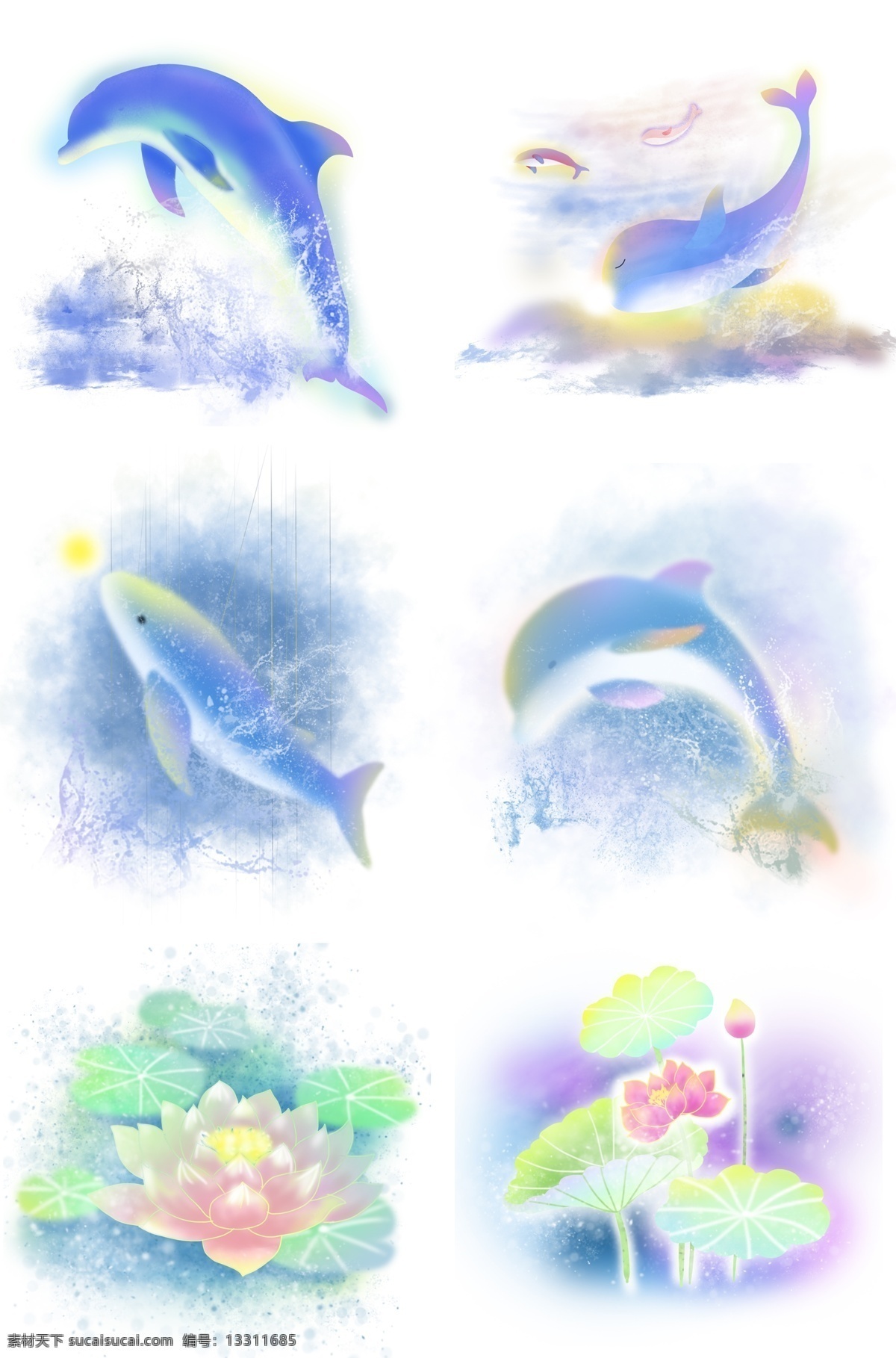 卡通 手绘 梦幻 动物 植物 梦幻海豚 梦幻鲸鱼 蓝鲸 梦幻植物 荷花 睡莲 莲花 蓝色系 紫色系 插画 梦境 童话 仙境 飞跃