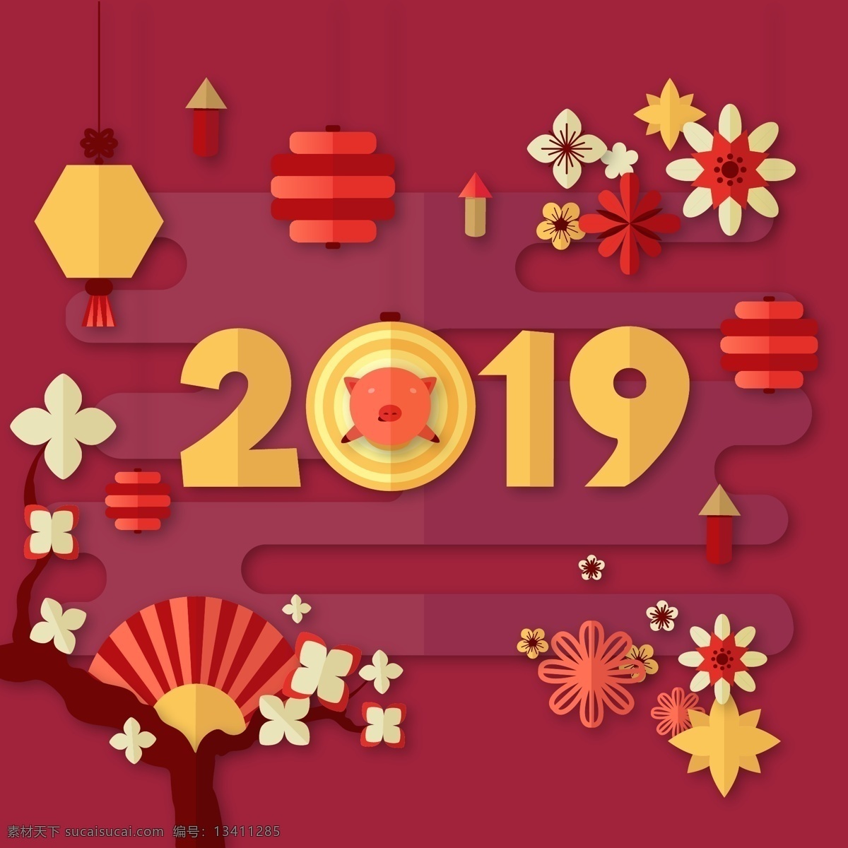 2019猪年 2019 新年 快乐 猪年快乐 2019数字 猪头 边框花纹 花朵背景 中国新年 中国风元素 新年元素 新年素材 新年装饰 新年灯笼 新年云朵 新年背景 扇子 矢量扇子 矢量花朵 折纸花朵 简洁中国年 梅花 矢量梅花 卡通梅花 创意2019 红色渐变背景 中国红 猪 卡通猪 矢量猪 猪插画 文化艺术 节日庆祝