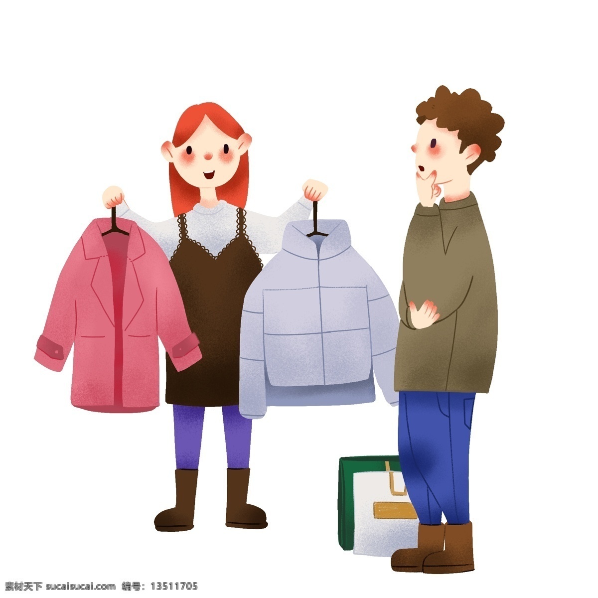 假期 生活 买 衣服 人物 白色的衣服 漂亮的小女孩 购物的小女孩 卡通人物 插画 红色的衣服
