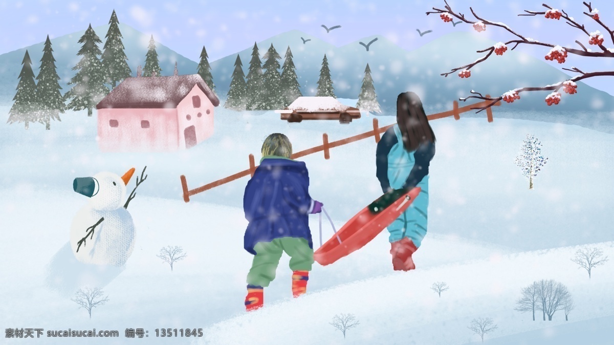 立冬 二十四节气 滑雪 简约 手绘 插画 唯美 男孩 女孩 小雪
