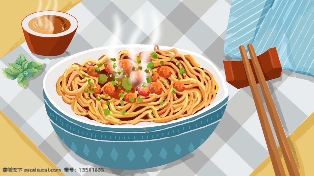 美食 大作 战 武汉 热 干面 细腻 写实 插画 面条 茶杯 筷子 桌布 美食大作战 热干面 武汉热干面 茶 美食配图 广告配图