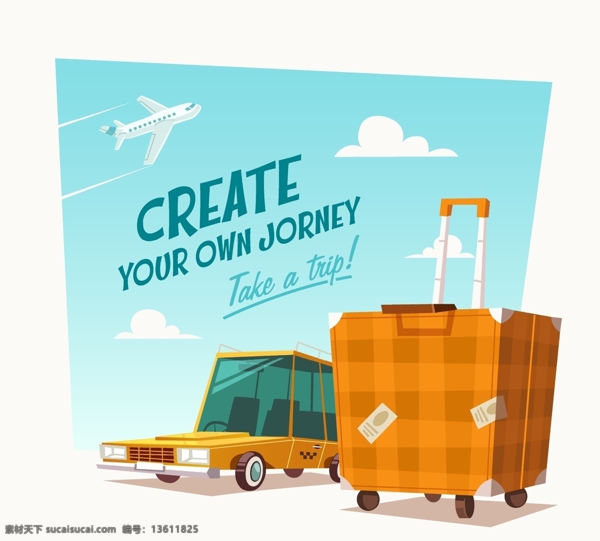 卡通 旅行 插画 矢量 eps格式 出租车 飞机 汽车 矢量图 行李箱 云朵 含 预览 图 其他矢量图