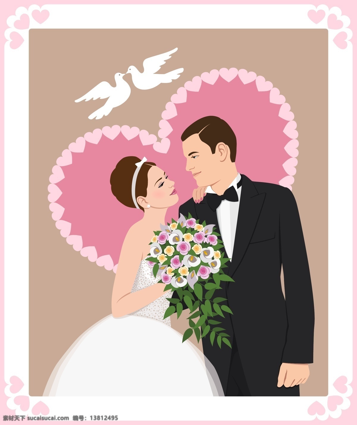 矢量 婚庆 贺卡 白鸽 浪漫婚礼 梦幻花边 矢量素材 幸福新娘 矢量图 其他矢量图