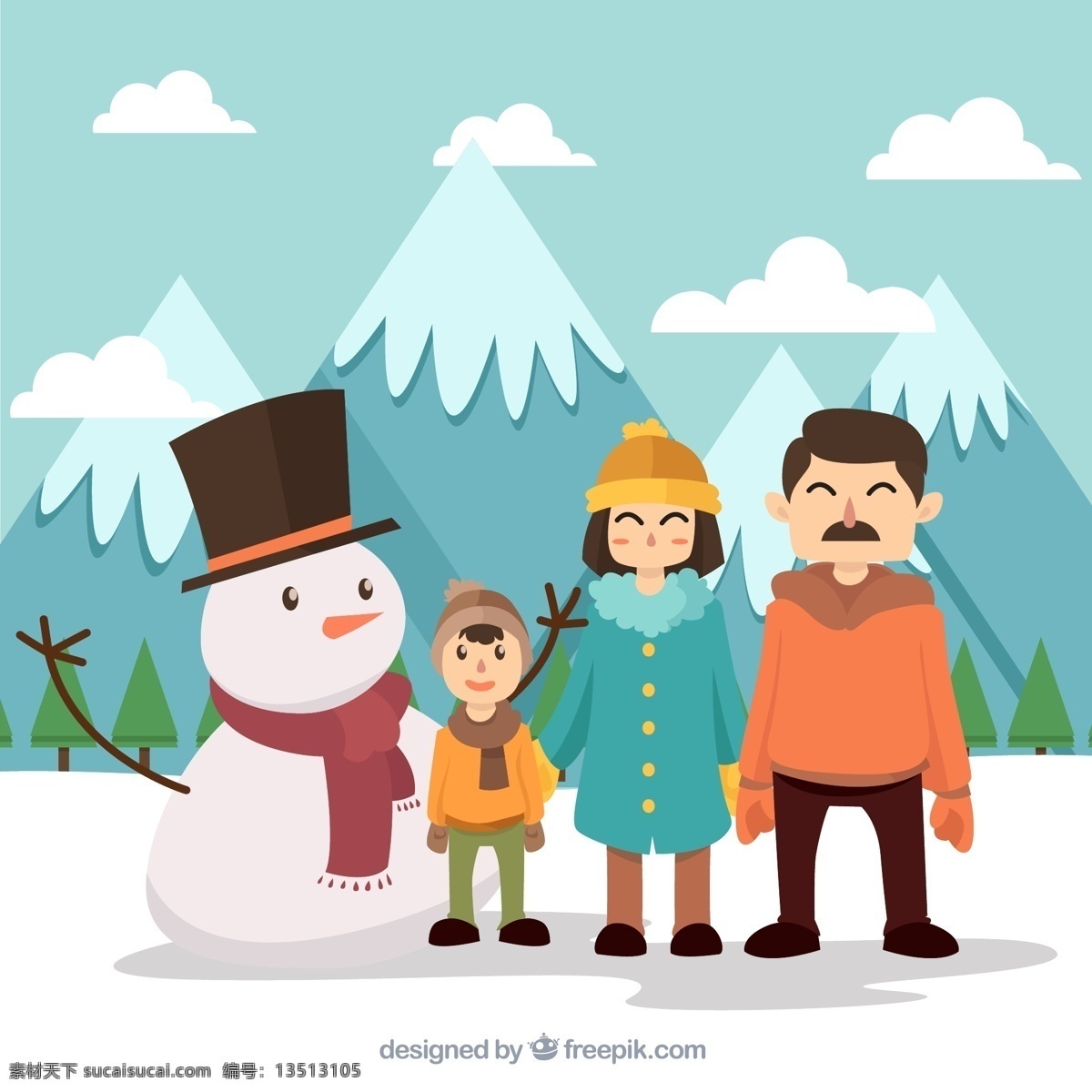 雪地 上 一家 三口 雪人 雪山 云朵 男孩 男子 女子 儿子 爸爸 妈妈 树木 郊外 冬季 三口之家 家 动漫动画 风景漫画