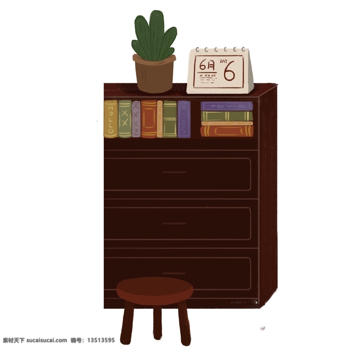 棕色 书柜 盆栽 元素 柜子 家具 凳子 绿植 日历 手绘 简约 psd元素 免抠元素
