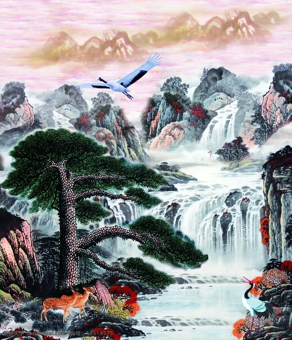 松鹤延年 松鹤 梅花鹿 山水画 水墨画 松树 山水