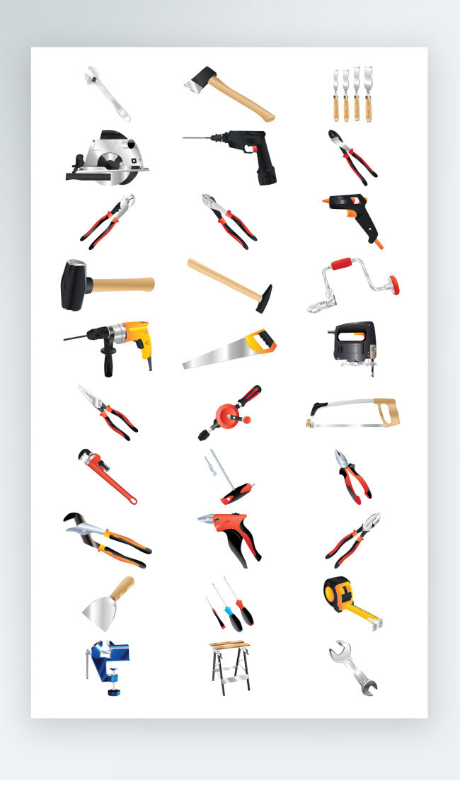 维修 工具 彩色 图标 icon 维修工具 彩色工具图标 电钻 锤子 电锯 钳子 维修工具图标