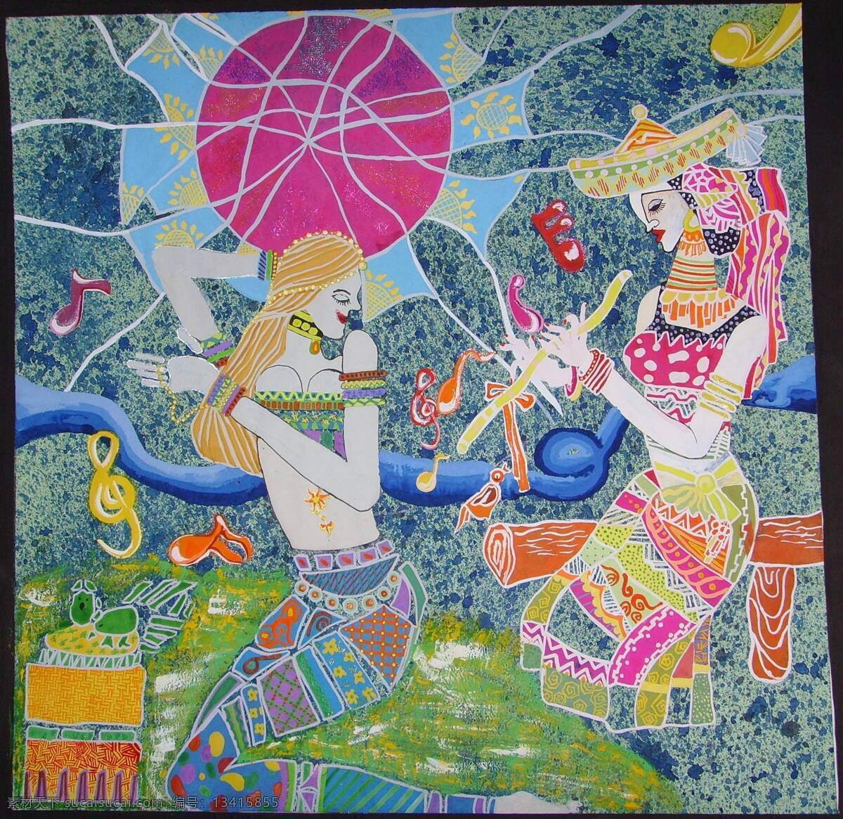 原创 手绘 装饰 色彩 歌舞 异族 女子 草坪 笛子 乐符 树桩 太阳 项链 装饰色彩 家居装饰素材