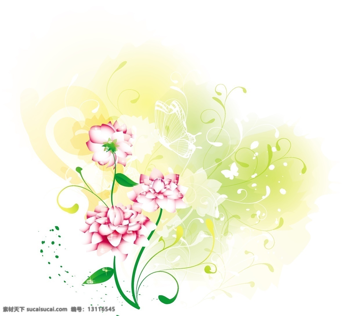 蝴蝶 藤蔓 粉色 花朵 插画 花边 花边素材 花纹 花纹素材 绿叶 叶子 植物 矢量图 花纹花边