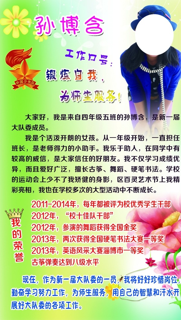自我介绍展板 自我介绍 我的荣誉 我的口号 我的精彩 学生自我介绍 小学生介绍 分层