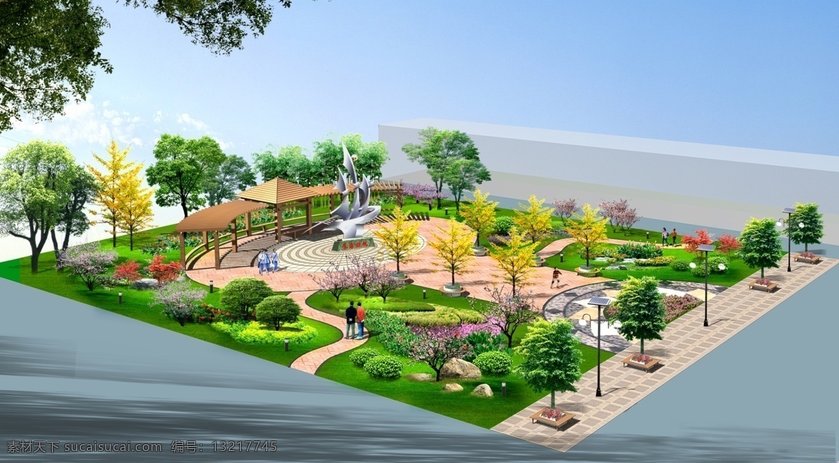 校园 园林景观 校园景观 园林设计 木亭子花架 广场铺装 花池树池 绿色