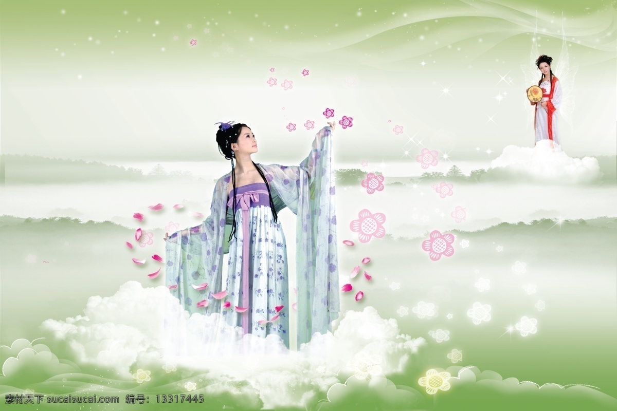 分层 翅膀 古典 花瓣 花朵 扇子 仙境 仙境素材下载 仙境模板下载 天仙 仙女 云朵 幻境 源文件库 psd源文件