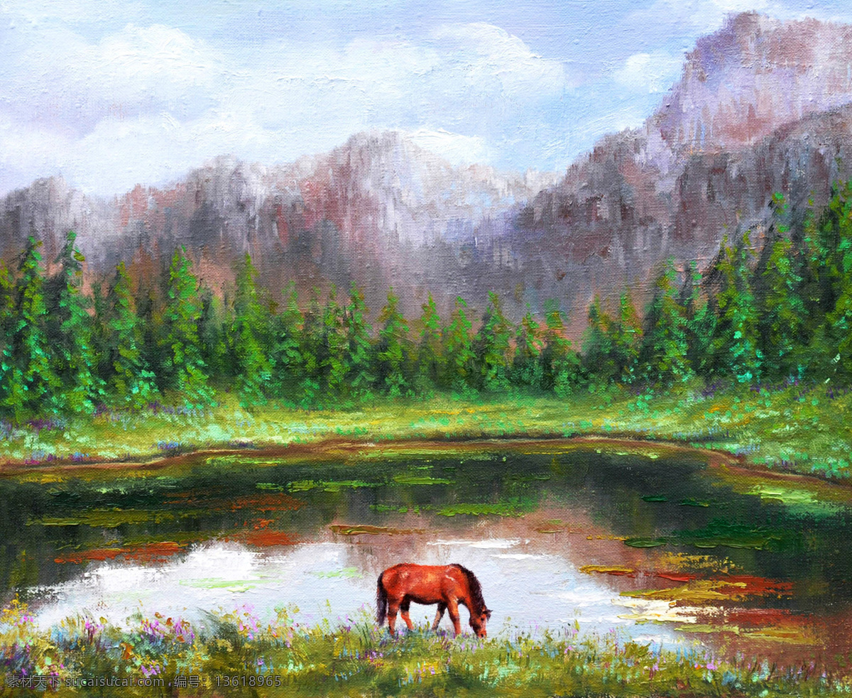 水池 风景 骏马 油画 水池风景油画 马匹 风景油画 油画风景写生 油画艺术 绘画艺术 风景画 装饰画 书画文字 文化艺术