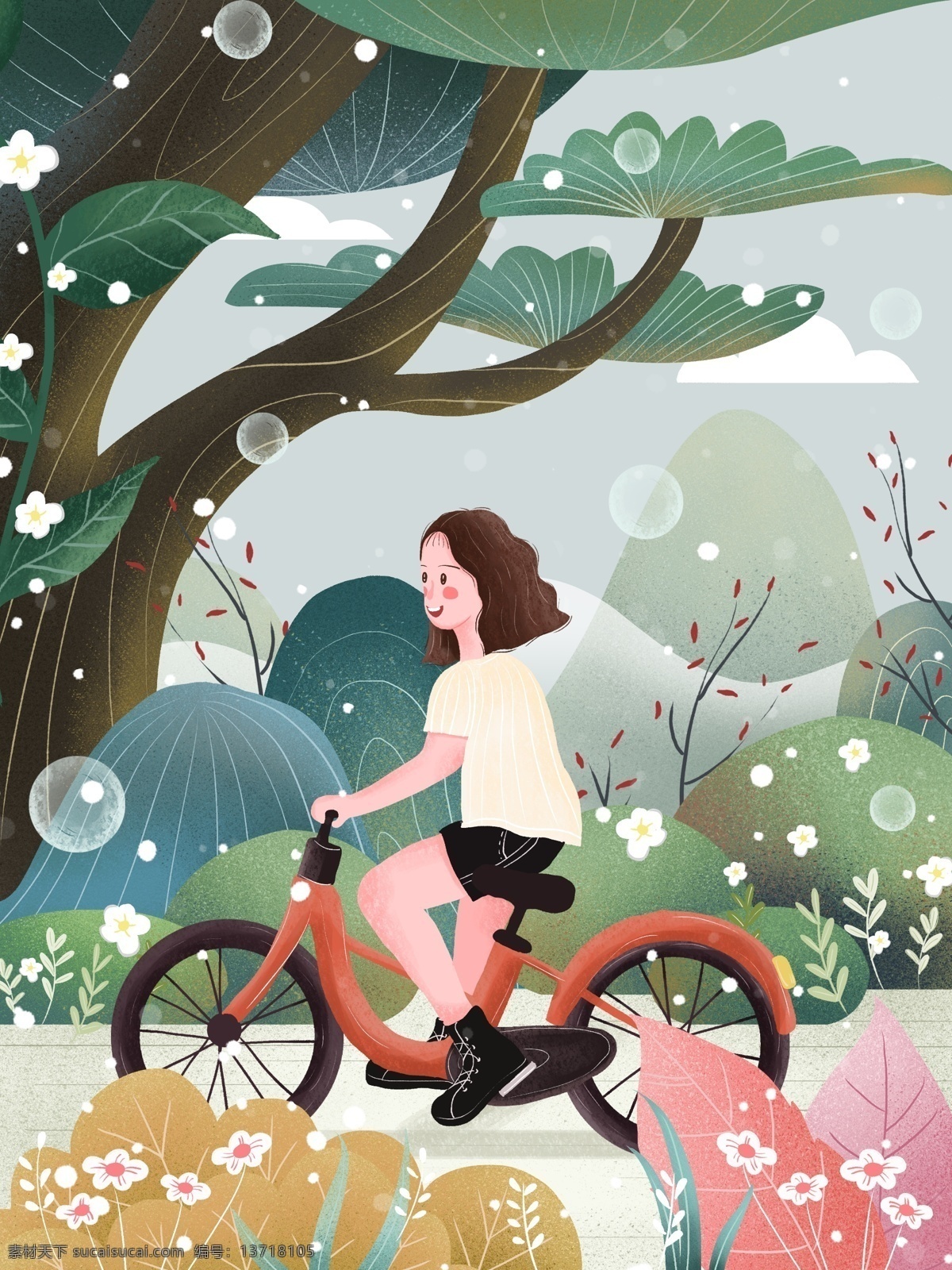 小清 新低 碳 绿色 出行 插画 小清新 低碳 自行车 卡通 唯美 小女孩 绿色出行 低碳环保