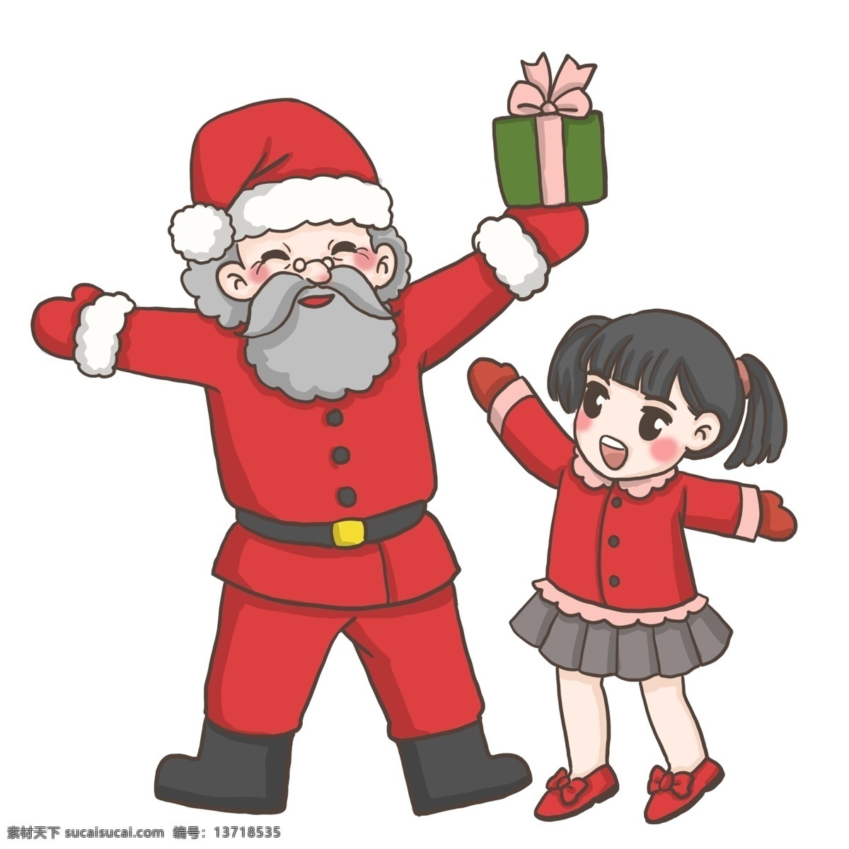 圣诞老人 女孩 冬天 冬装 圣诞节 红色衣装 可爱风小贴纸 双人 温暖甜美 开心 女孩子 讨要礼物