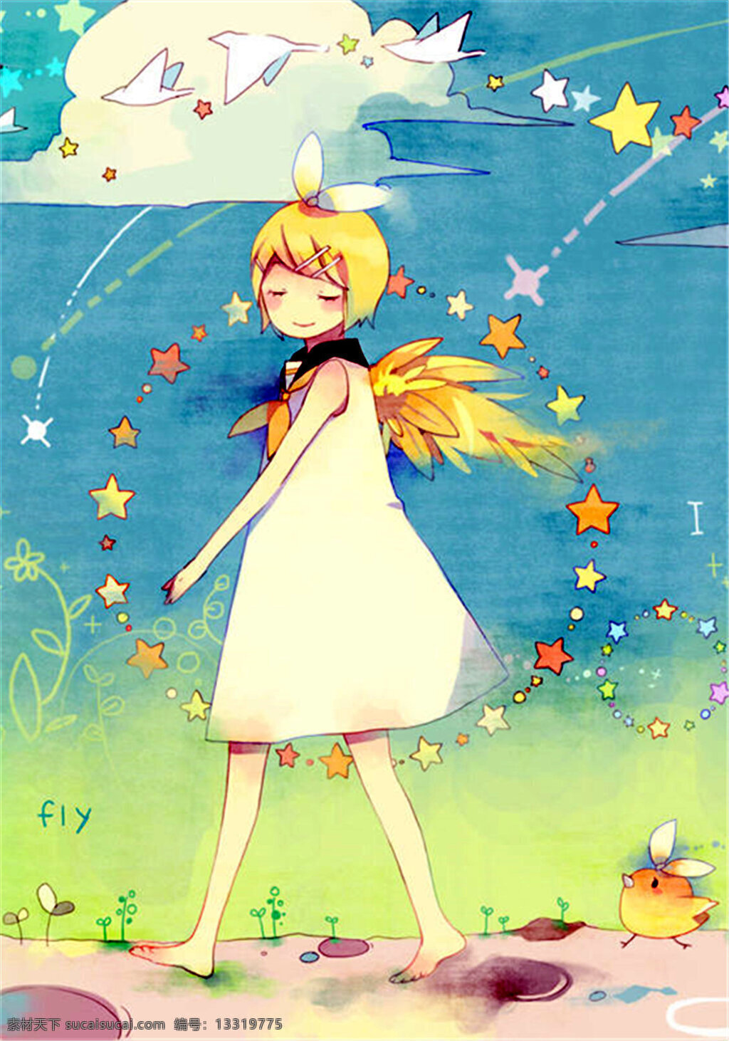 手绘 可爱 女孩 动漫 花朵 蓝天白云 流星 轻松 小鸡 小树 星星围绕 卡通
