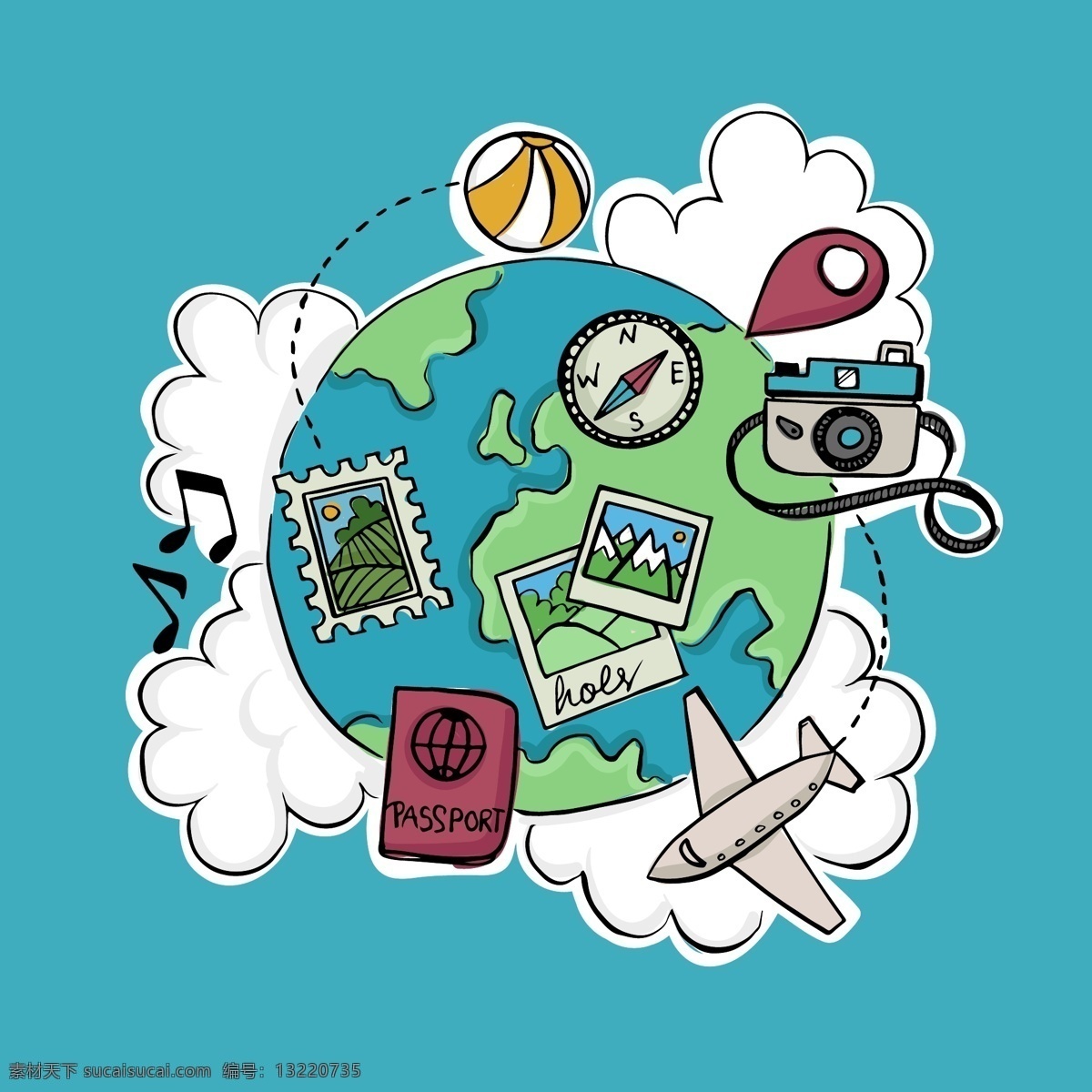 彩绘 地球 环球 旅行 元素 矢量 地标 照相机 音符 邮票 护照 相片 指南针 飞机 轨迹 云朵 环球旅行 文化艺术 绘画书法