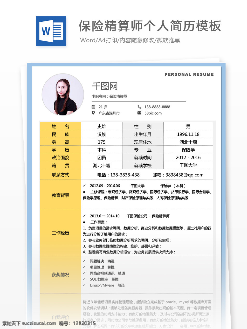 保险 精算师 工作 简历 模板 范文 个人简历模板 个人简历 简历模板 商务 表格 13年 拼色