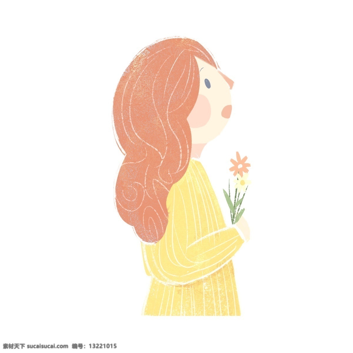 手 野花 红 发 女人 卡通 元素 抬头 美丽 黄色上衣 红发