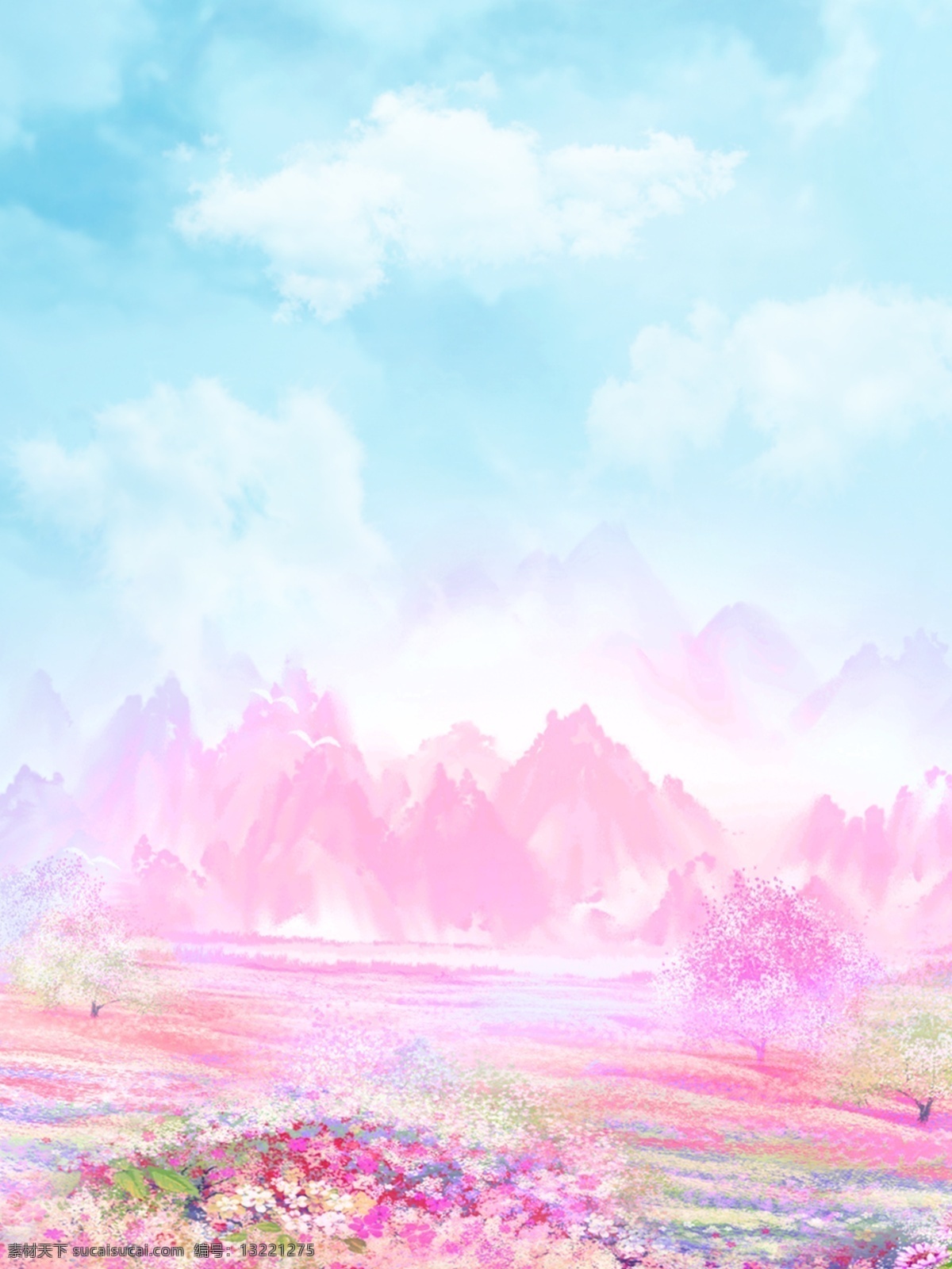 蓝天 白云 彩花 风景 手绘 图案 手绘花 彩色山