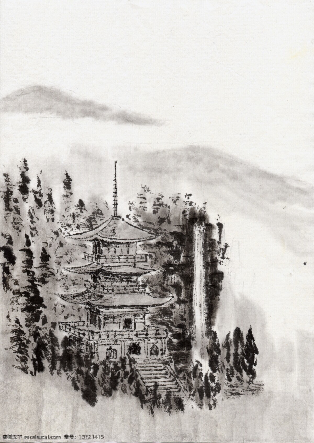 山间 塔楼 古画 风景 古色古香 山水 树木 水墨画 塔 文化艺术 中国风