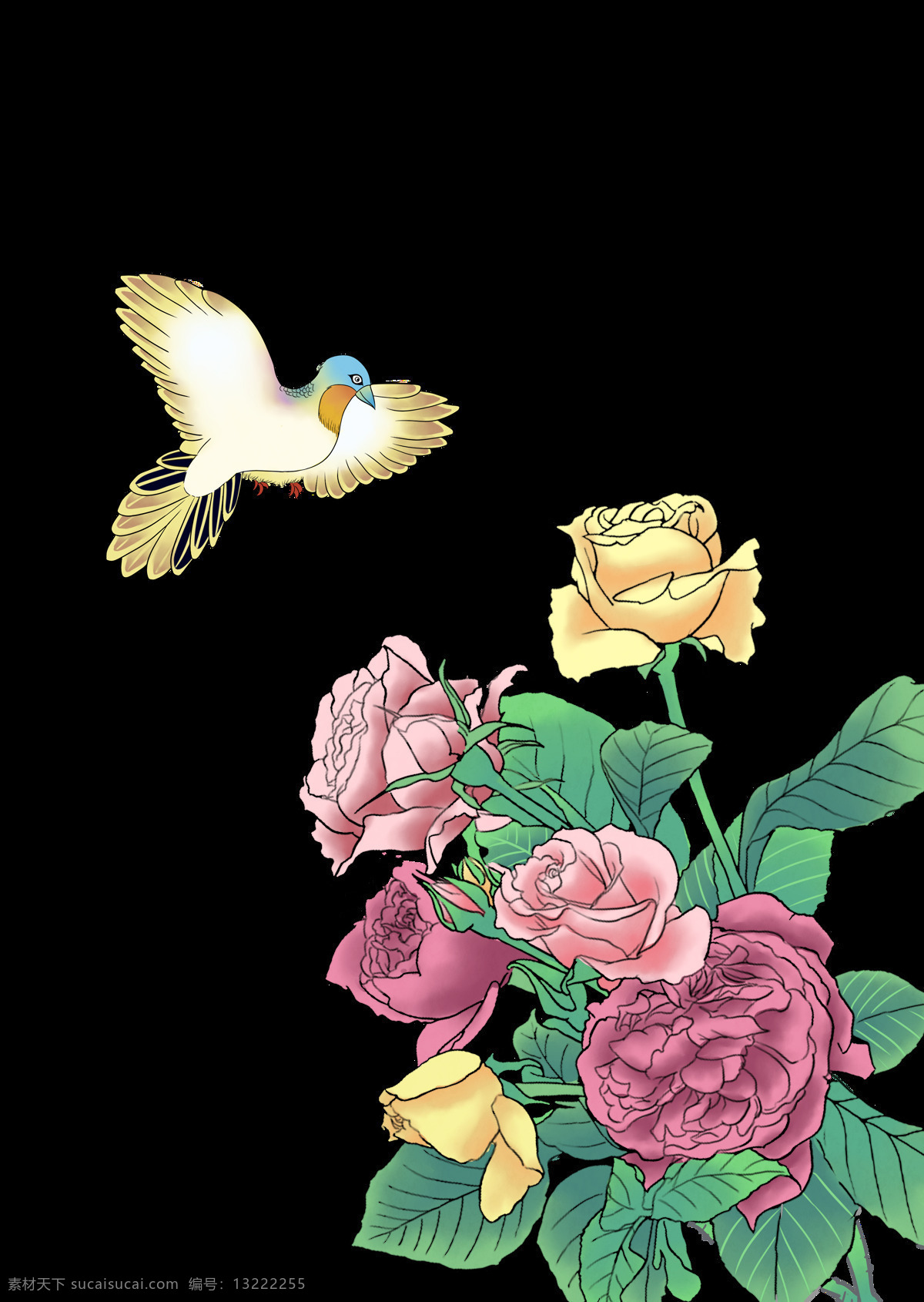 工笔画 小鸟 鲜花 可爱的小鸟 小鸟插画 手绘鲜花 绿色的叶子 插画 黄色的小鸟 飞行的小鸟