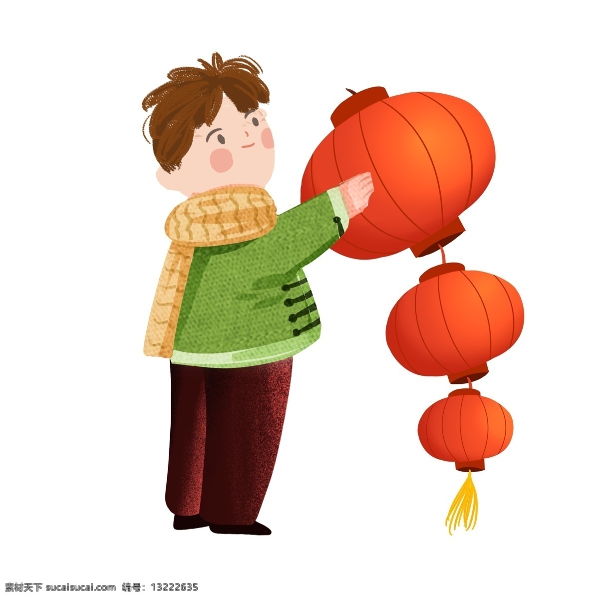 过年 开心 灯笼 小 男孩 插画 春节 喜庆 中国风 卡通 手绘 新年元素 过新年 新春 中国年