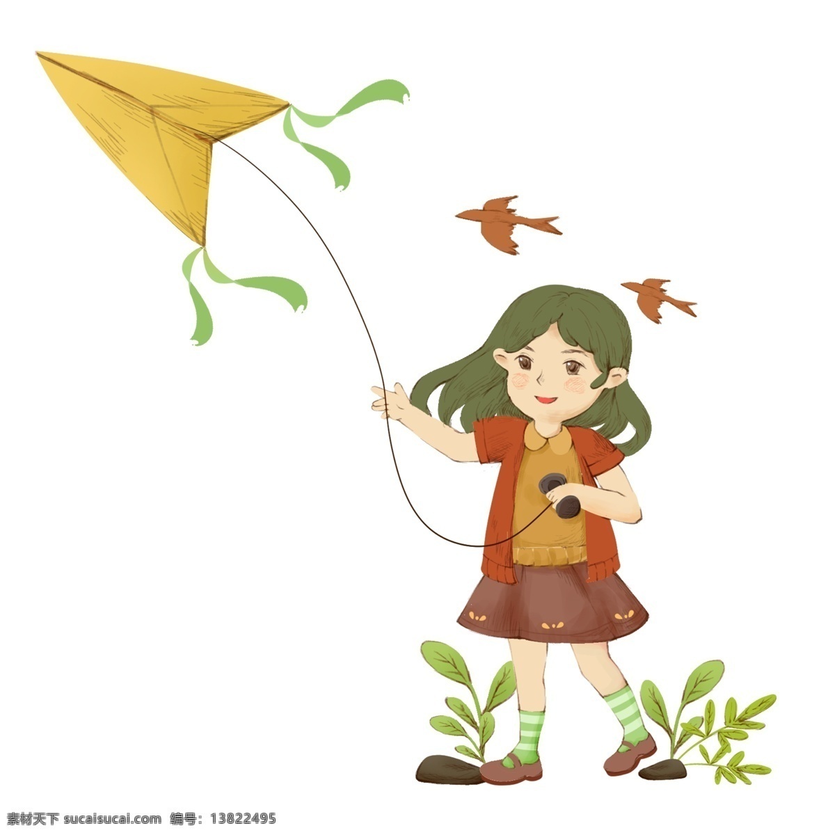 小女孩 草地 放风筝 商用 场景 卡通 植物 春天 女孩 风筝 万物复苏 原创手绘 生命力 春天放风筝