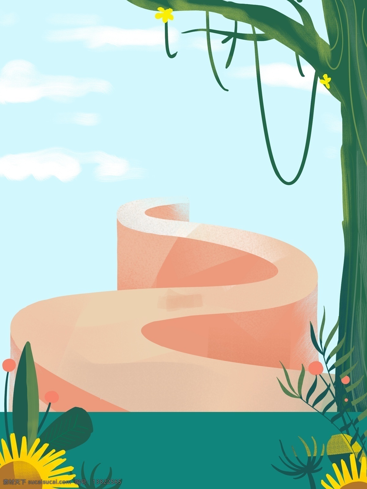创意 小 清新 小路 插画 背景 绿色背景 治愈系背景 插画背景 植物背景 树林背景 唯美 蓝天白云 大树