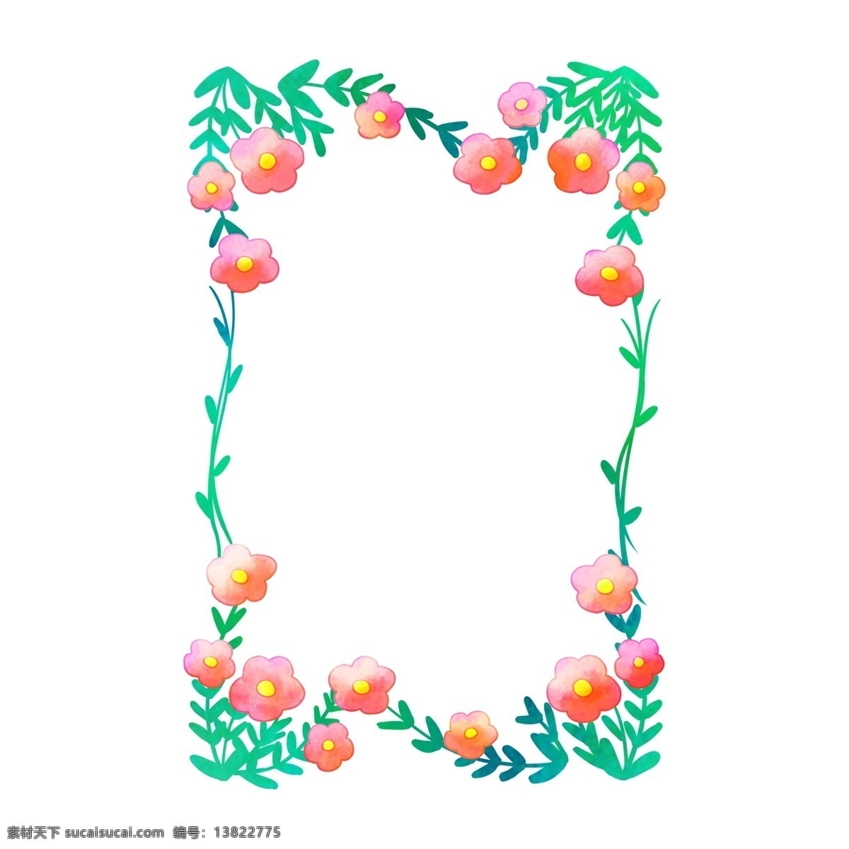 红色 花朵 枝 藤 边框 绿色的叶子 红色的花朵 枝藤花瓣 春天装饰边框 漂亮的红花 边框插图 边框插画