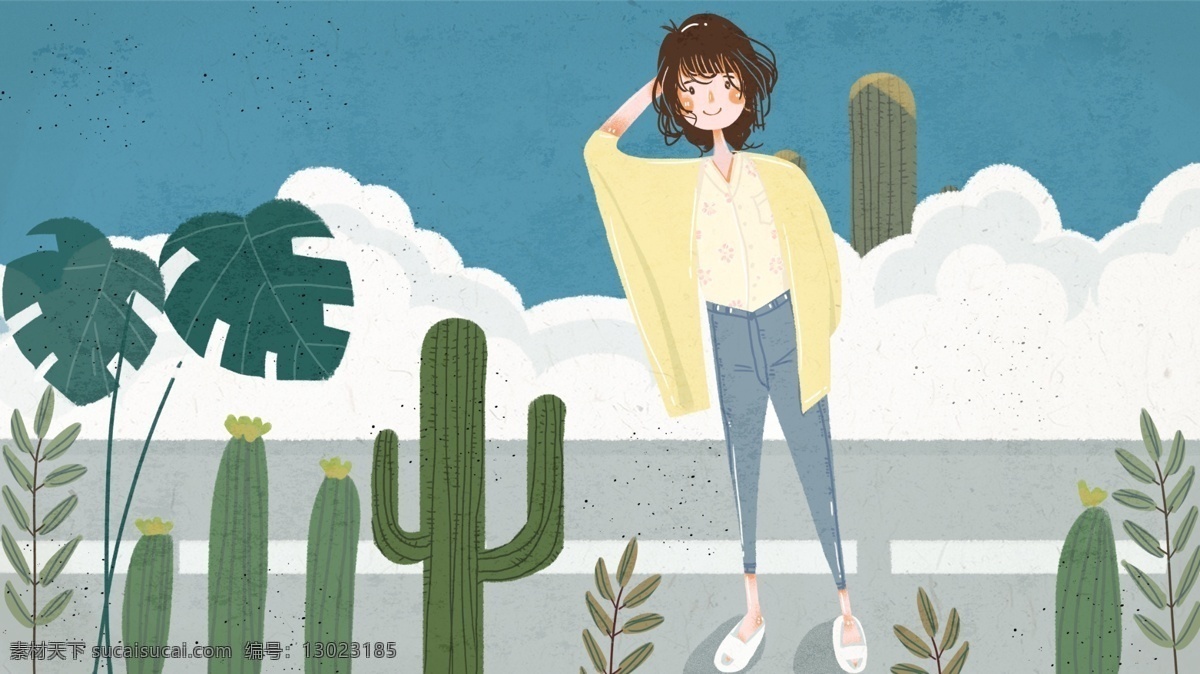 蓝色 早安 女孩 插画 蓝天 白云 植物