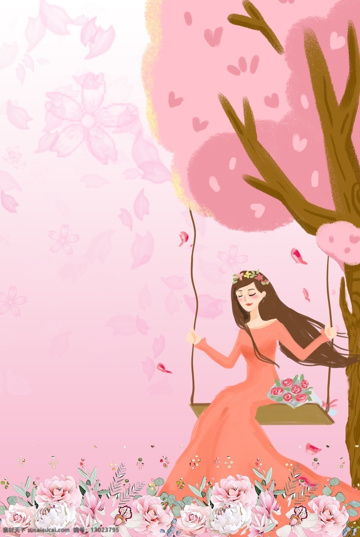 女神 节 秋千 上 电商 淘宝 背景 插画 女装 春季上新 女王节 女生节 女神节 时尚 美女 花 粉色树 淘宝背景5