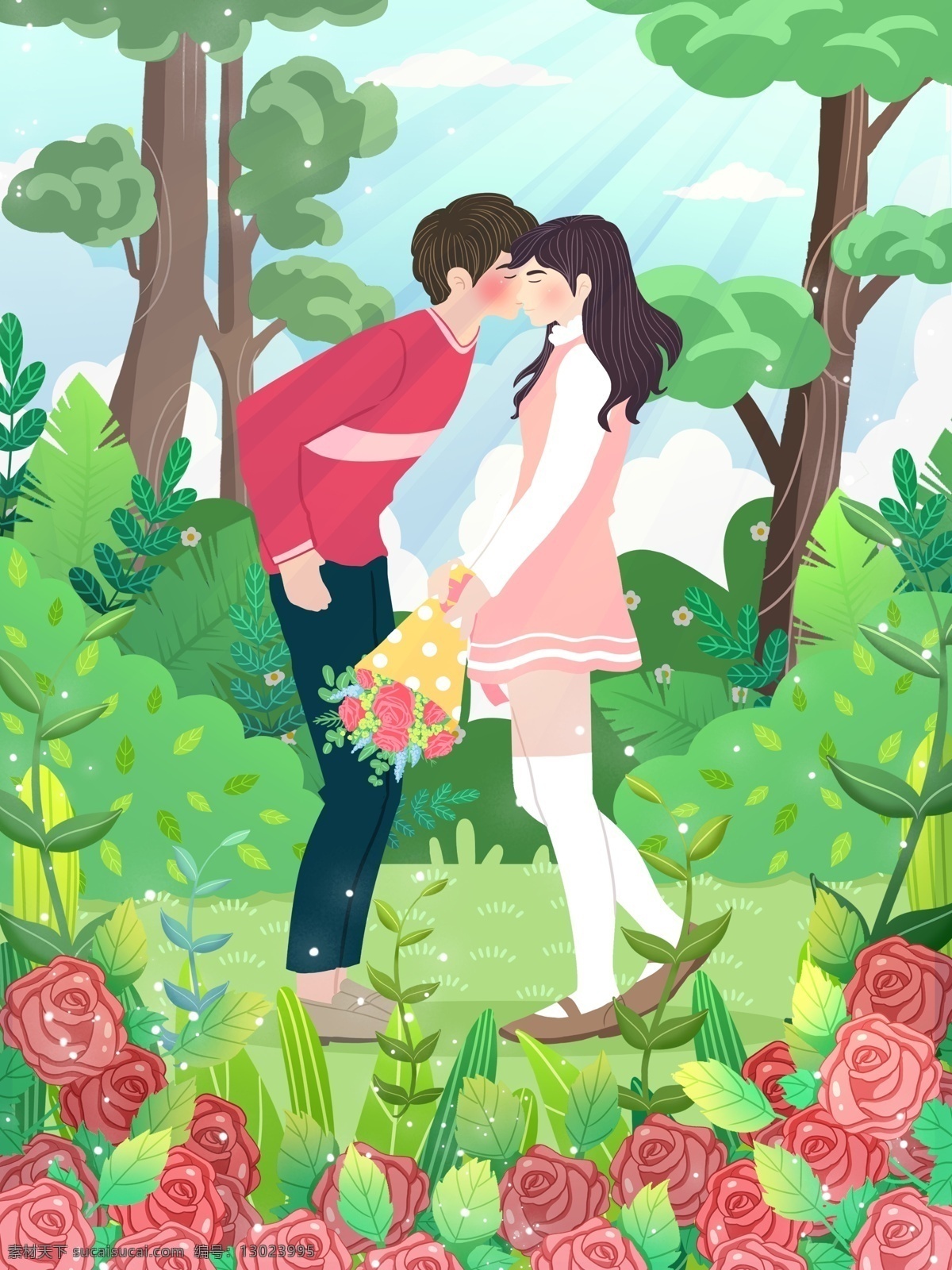 520 表白 玫瑰园 男人 表达 爱意 五月 玫瑰 花园 植物 树 阳光 草地 树丛 花束 云 女人 插画 壁纸 包装 配图