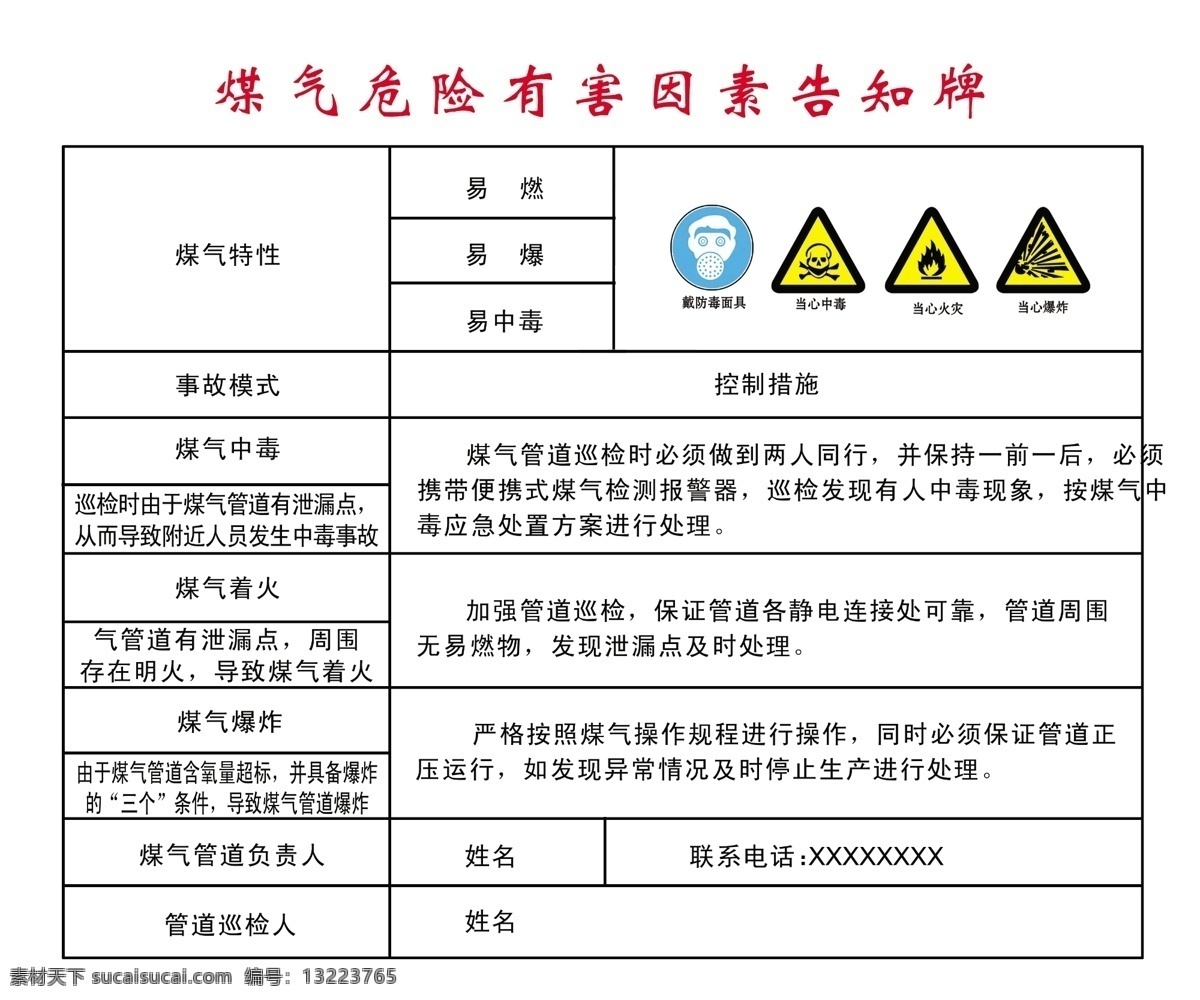 煤气警示牌 安全标识 危害因素 主要措施 发生事故 原因 防护措施 安全标示 标志 告知 牌 警示 分层