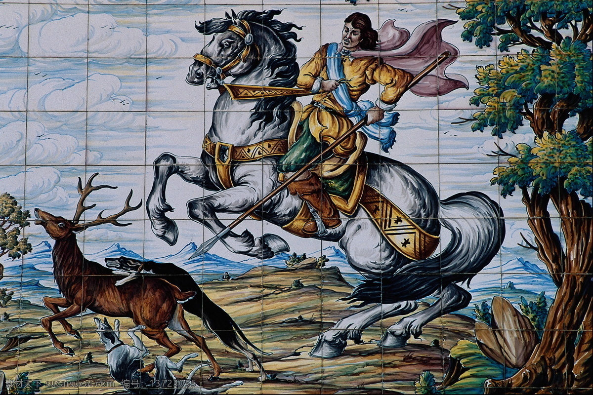 狩猎 壁画 狩猎壁画 世界 宗教 素材图片 西方 瓷砖 狩猎磁片壁画 狩猎瓷砖拼图 文化艺术