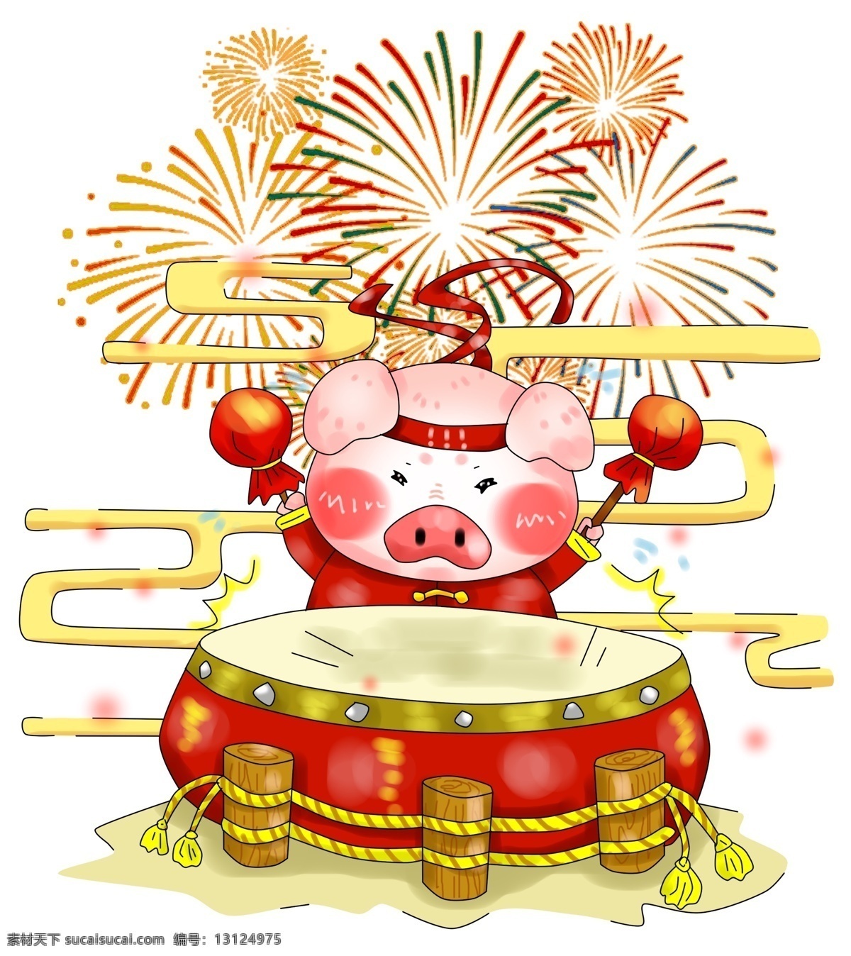 手绘 厚 涂 猪年 打鼓 放 烟花 热闹 插画 厚涂 放烟花 传统 中国红 装饰 吉祥 高清 热烈 醒目 隆重 彩色 q版 免抠图 无背景