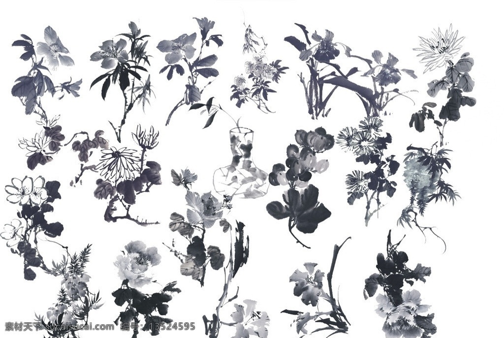 水墨素材 水墨画素材 灰度 黑白水墨画 水墨梅花 水墨 墨笔画 中国风 墨滴 墨迹 花鸟画 广告 矢量