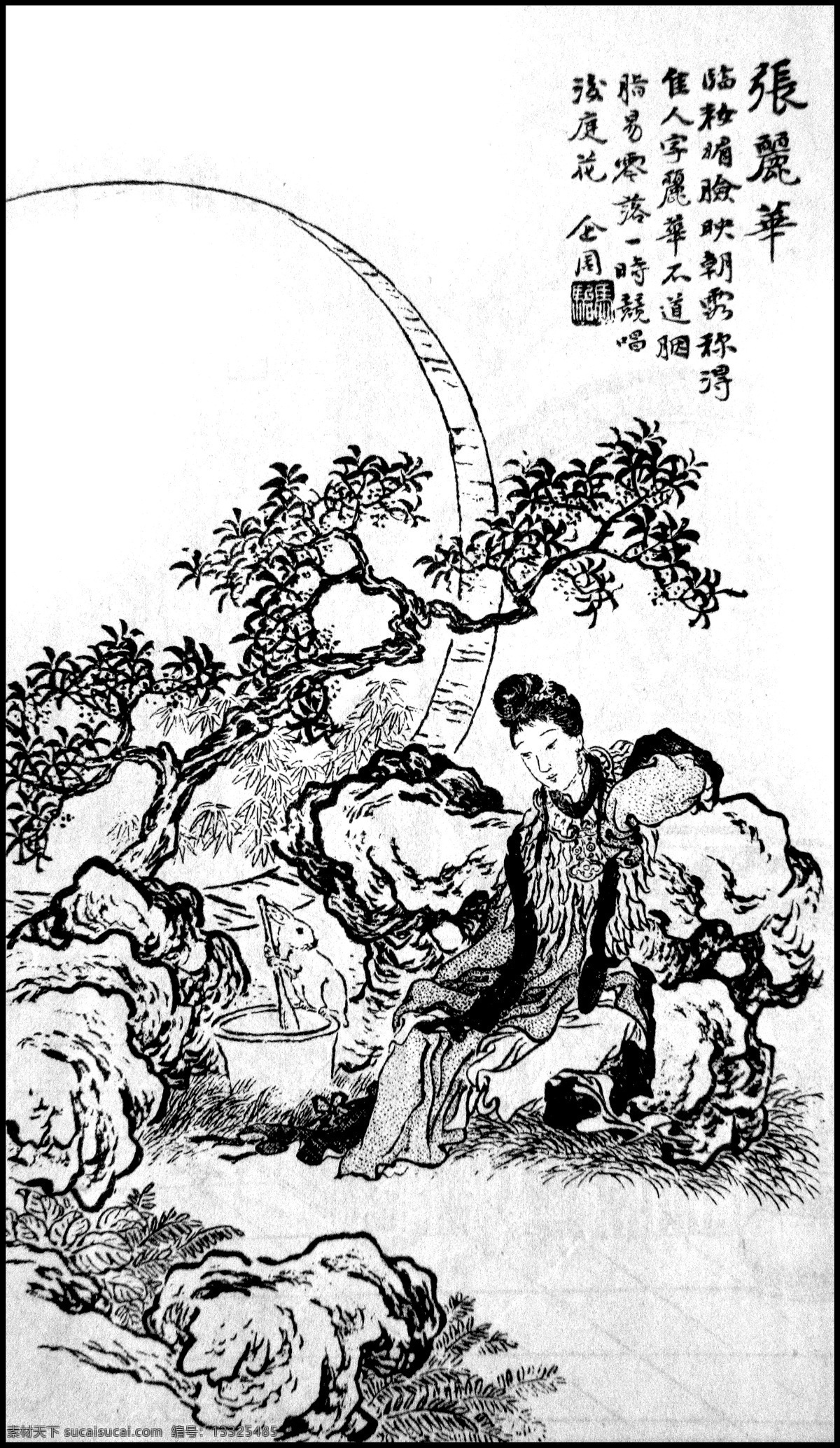 美人百态 古画线描 美女 古画 线描 仕女 古代仕女 石头 树木 树 兔子 玉兔 翻拍 文化生活 绘画书法 文化艺术