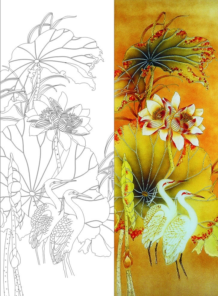 仙鹤荷花图 荷花图 仙鹤 玻璃刻绘 艺术玻璃 电视背景 室内设计 建筑家居 矢量