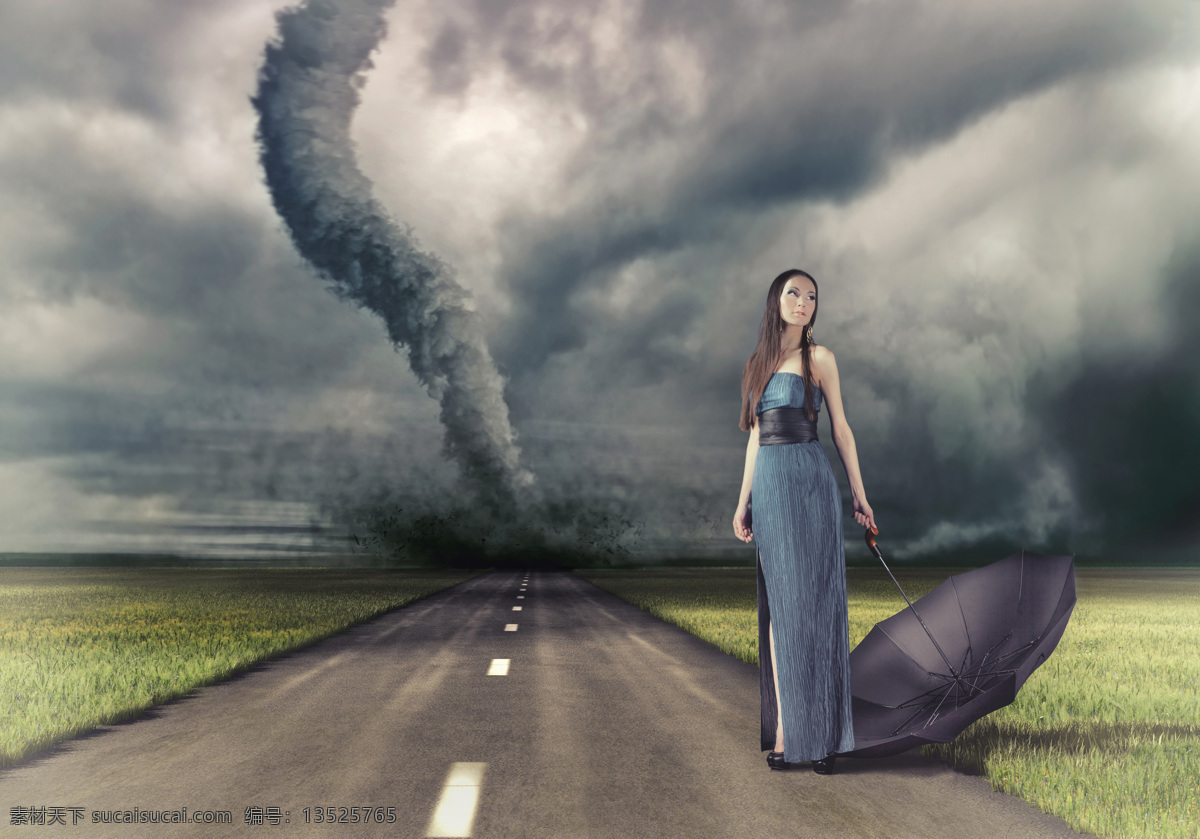 站 马路 美女 龙卷风 性感美女 雨伞 公路 道路 飓风 暴风 自然灾害 山水风景 风景图片