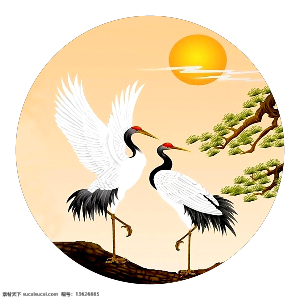 扇面 水鸟 仙鹤 油墨画 日出东方 文化艺术 传统文化