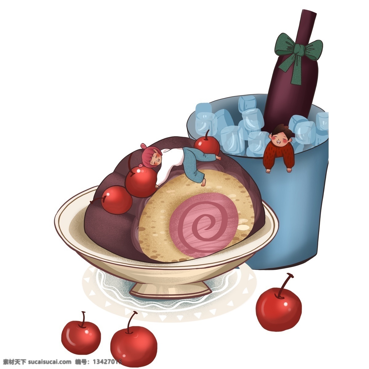 蛋糕 香槟 元素 美食 食物 樱桃 插画 手绘 甜点 美酒 美食大作战