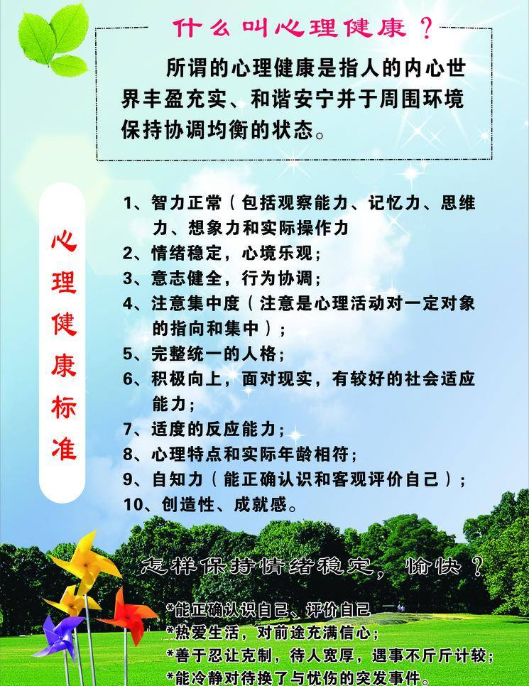 心理健康 白云 风车 蓝天 生活百科 树 心理 医疗保健 健康标准 矢量 海报 其他海报设计