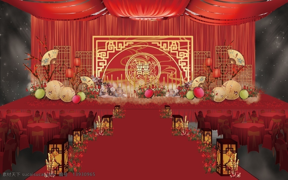 中式 大红色 传统 婚礼 工装 效果图 大气 灯笼 中式纹路 屏风 折扇 油纸伞 梅花 主舞台