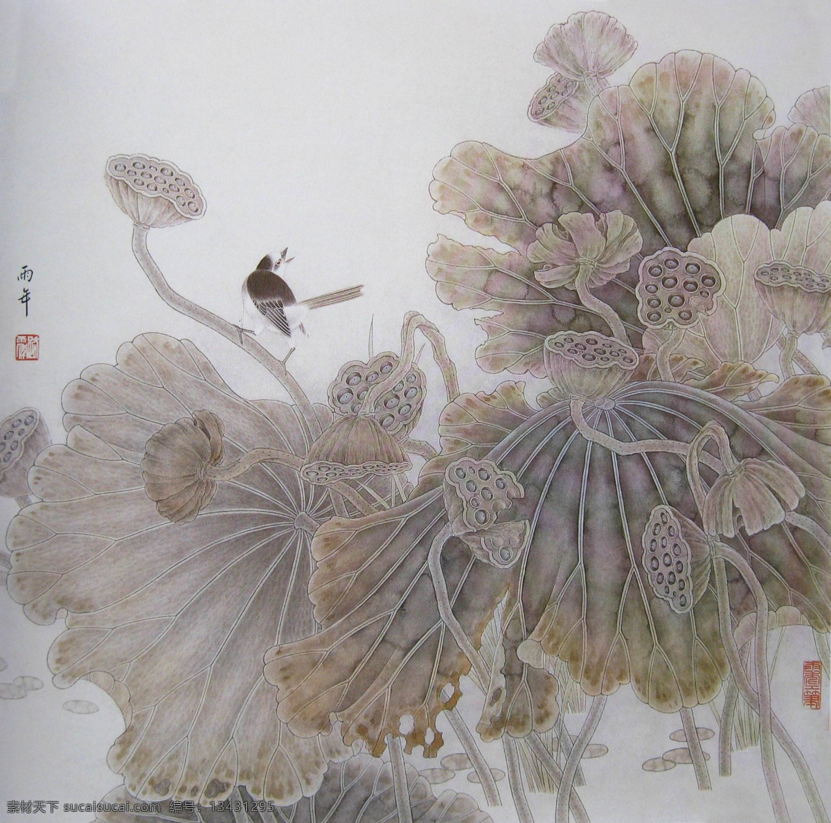 工笔荷花 工笔画 国画 中国画 工笔彩墨画 彩墨工笔画 花鸟国画 花鸟画 国画花鸟 彩墨花鸟国画 书法 大师作品 风景画 荷花 植物 荷叶 池塘 动物 莲藕 绘画书法 文化艺术